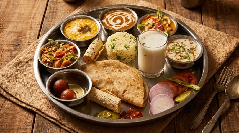 A traditional Indian thali meal with various curries, rice, bread, dessert, and drinks on a metal platter.