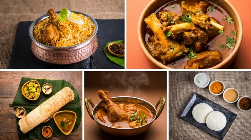 A collage of five Indian dishes: chicken biryani, goat curry, dosa, chicken curry, and idli with chutneys.